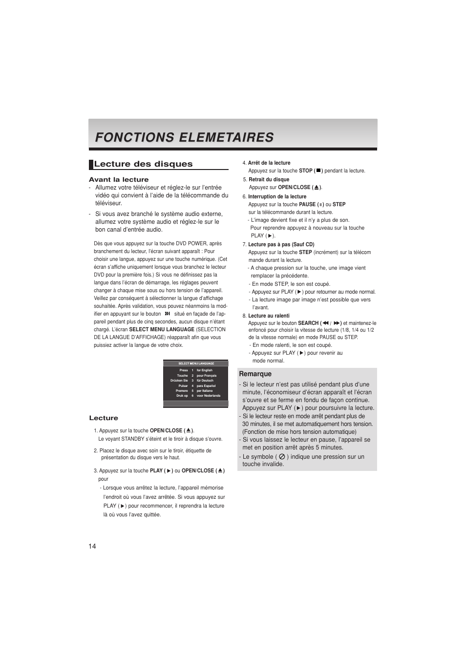Fonctions elemet, Fonctions elemet aires aires, Lecture des disques | Samsung DVD-1080PK User Manual | Page 52 / 156