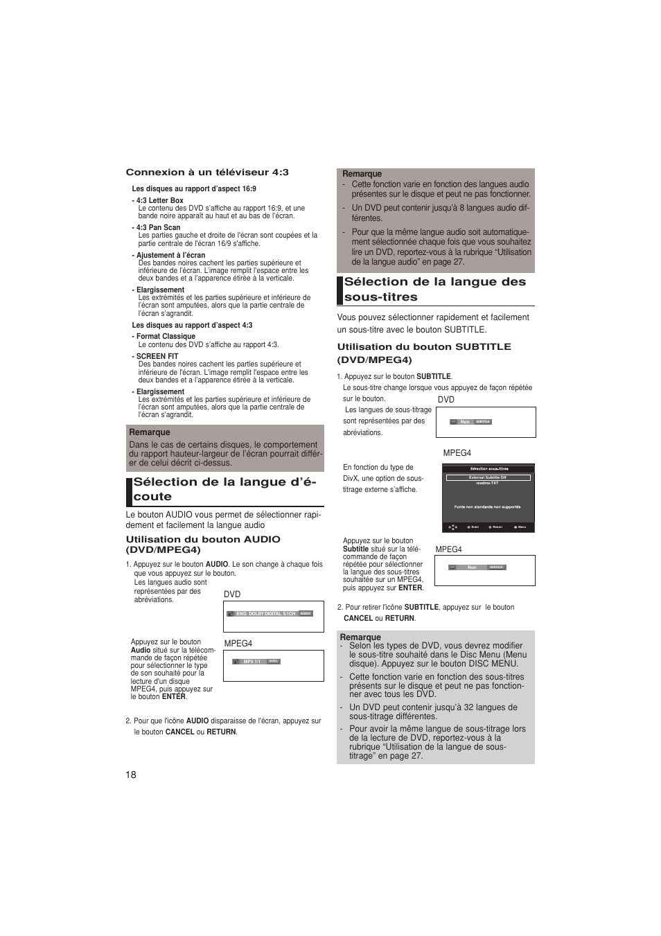 Sélection de la langue d’é- coute, Sélection de la langue des sous-titres | Samsung DVD-1080PK User Manual | Page 56 / 156