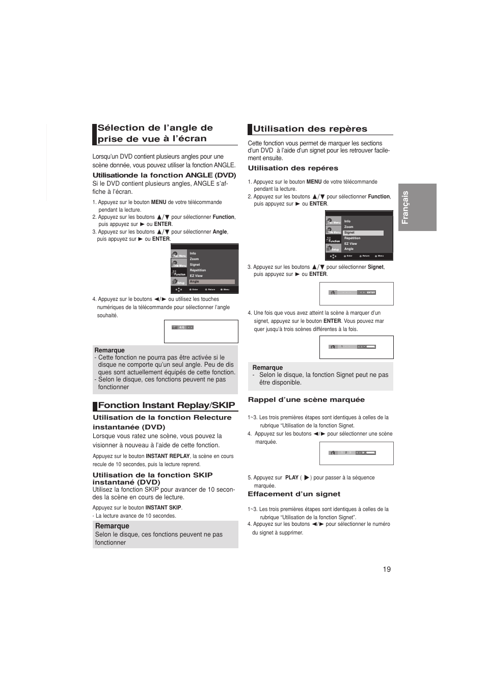 Fonction instant replay/skip, Utilisation des repères, Remarque | Samsung DVD-1080PK User Manual | Page 57 / 156