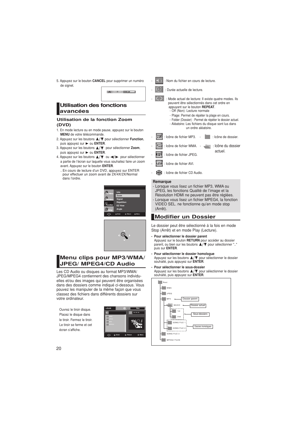 Utilisation des fonctions avancées, Menu clips pour mp3/wma/ jpeg/ mpeg4/cd audio, Modifier un dossier | Samsung DVD-1080PK User Manual | Page 58 / 156