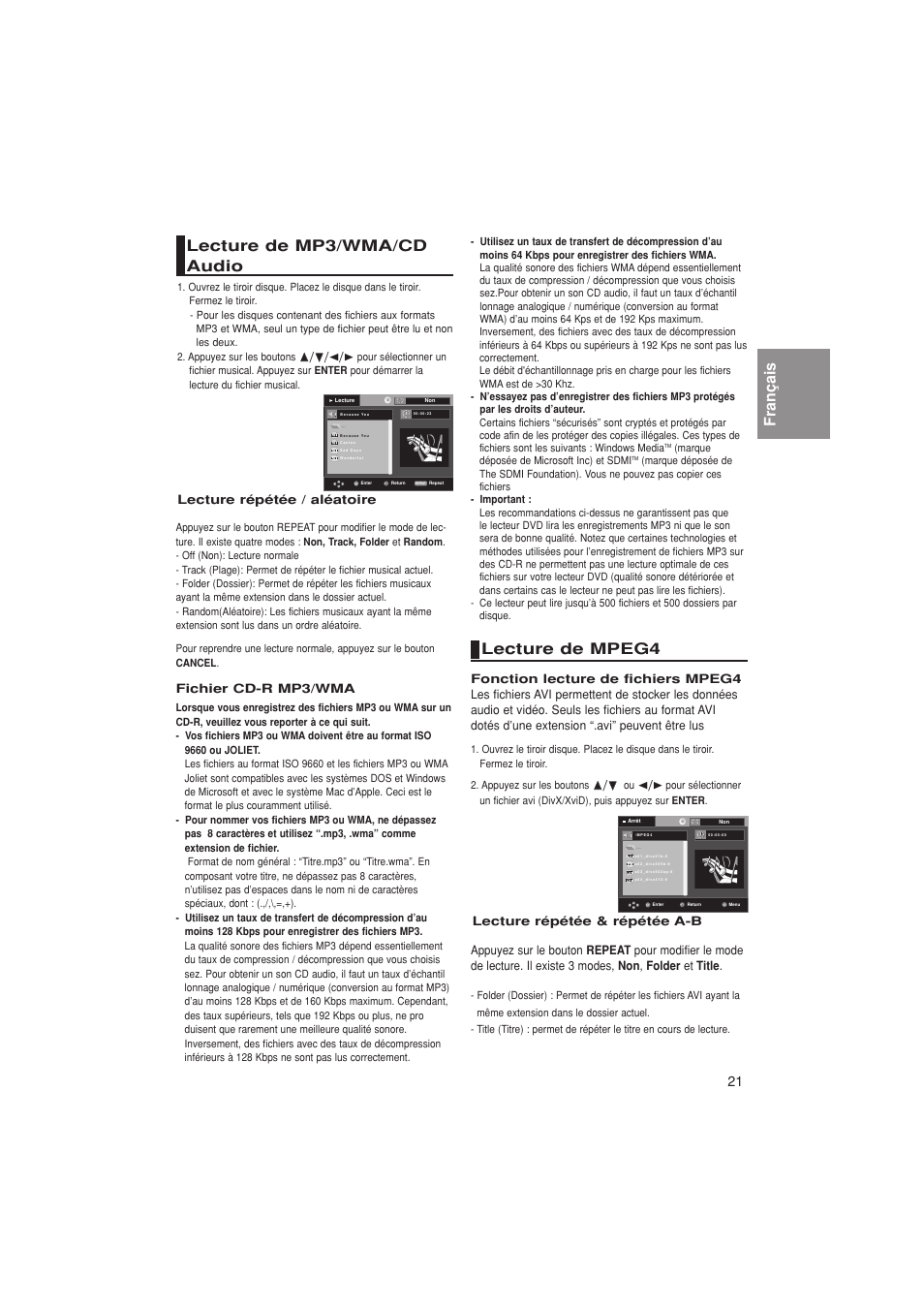 Français lecture de mp3/wma/cd audio, Lecture de mpeg4, Lecture répétée / aléatoire | Fichier cd-r mp3/wma | Samsung DVD-1080PK User Manual | Page 59 / 156