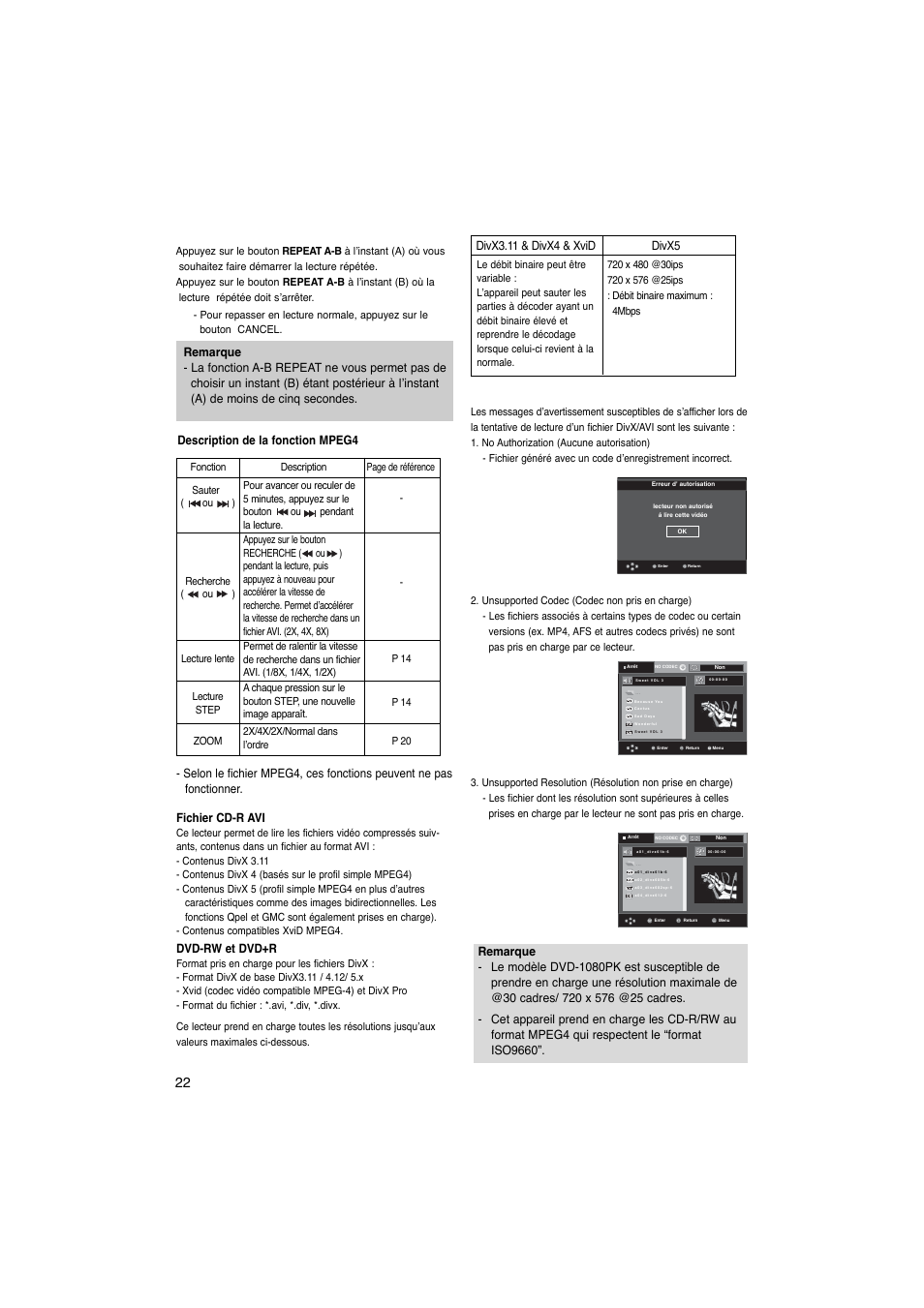 Fichier cd-r avi, Dvd-rw et dvd+r | Samsung DVD-1080PK User Manual | Page 60 / 156
