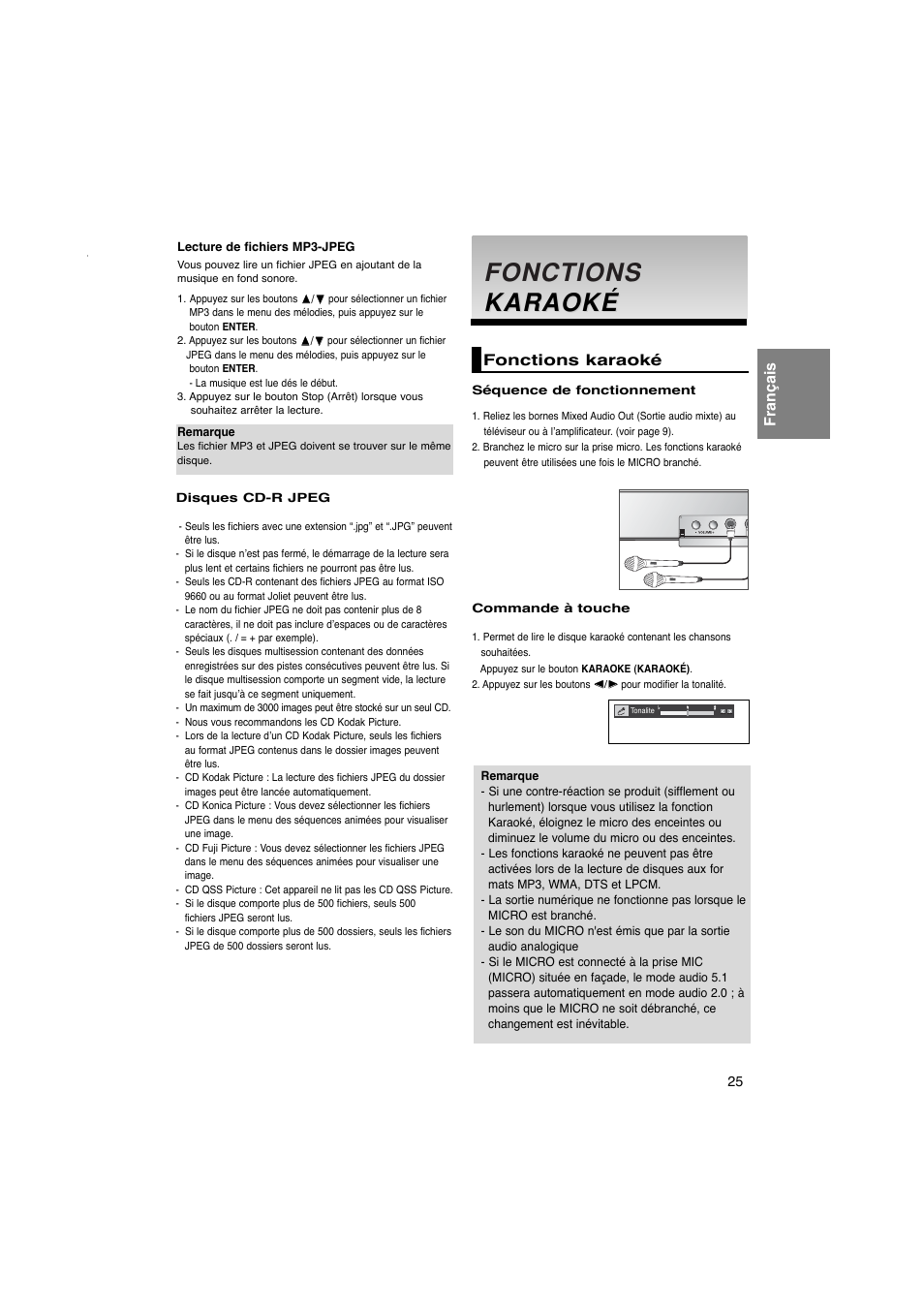 Fonctions, Fonctions karaoké karaoké, Français | Fonctions karaoké | Samsung DVD-1080PK User Manual | Page 63 / 156