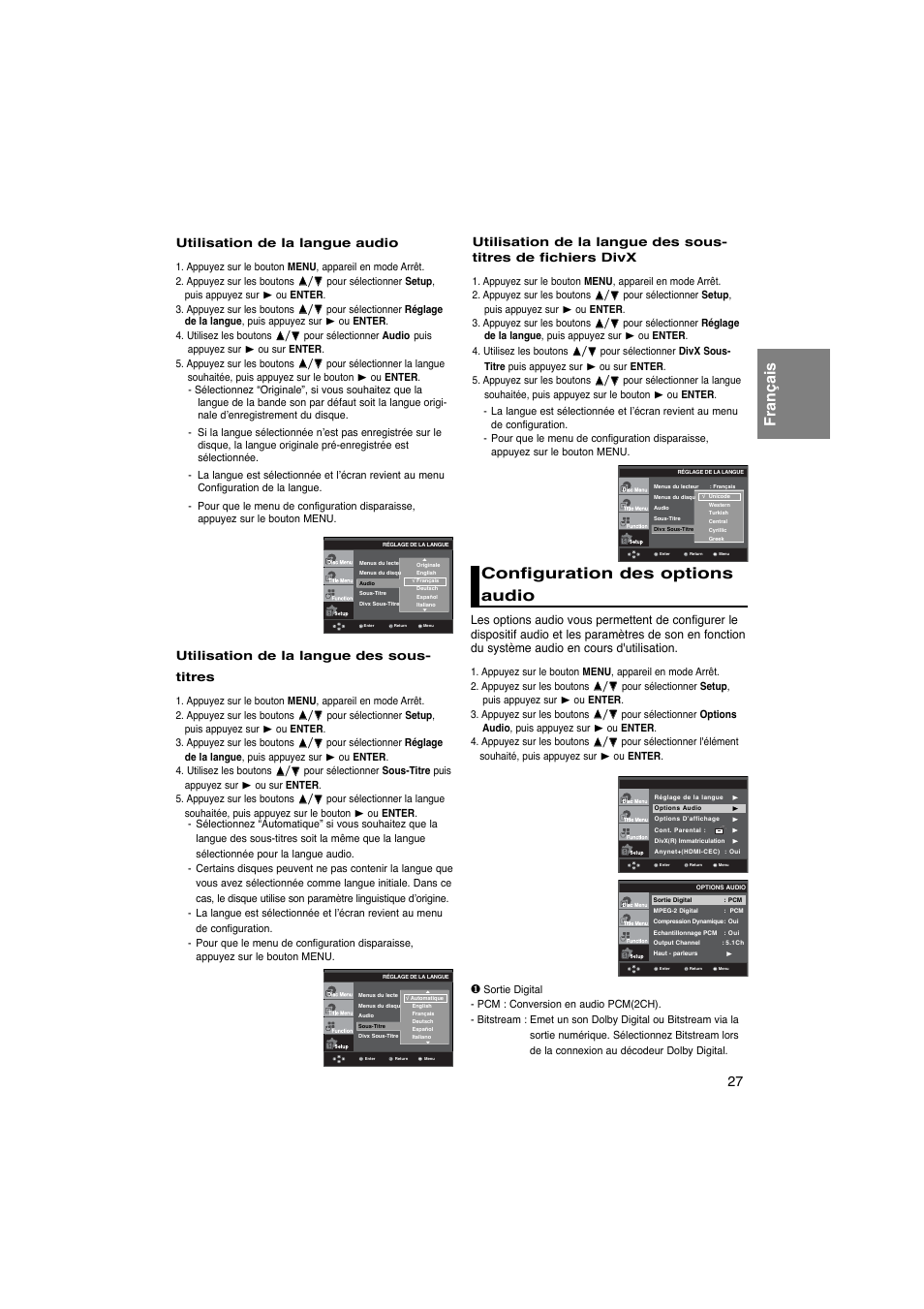 Français, Configuration des options audio | Samsung DVD-1080PK User Manual | Page 65 / 156