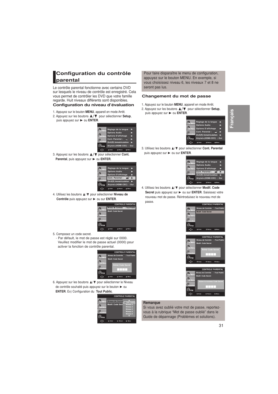 Français, Configuration du contrôle parental, Changement du mot de passe | Configuration du niveau d’évaluation | Samsung DVD-1080PK User Manual | Page 69 / 156