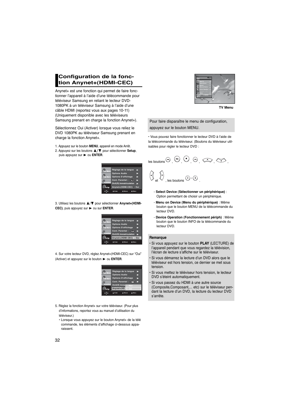 Configuration de la fonc- tion anynet+(hdmi-cec) | Samsung DVD-1080PK User Manual | Page 70 / 156