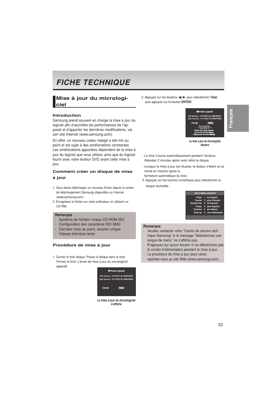 Fiche, Fiche technique technique, Français | Mise à jour du micrologi- ciel | Samsung DVD-1080PK User Manual | Page 71 / 156