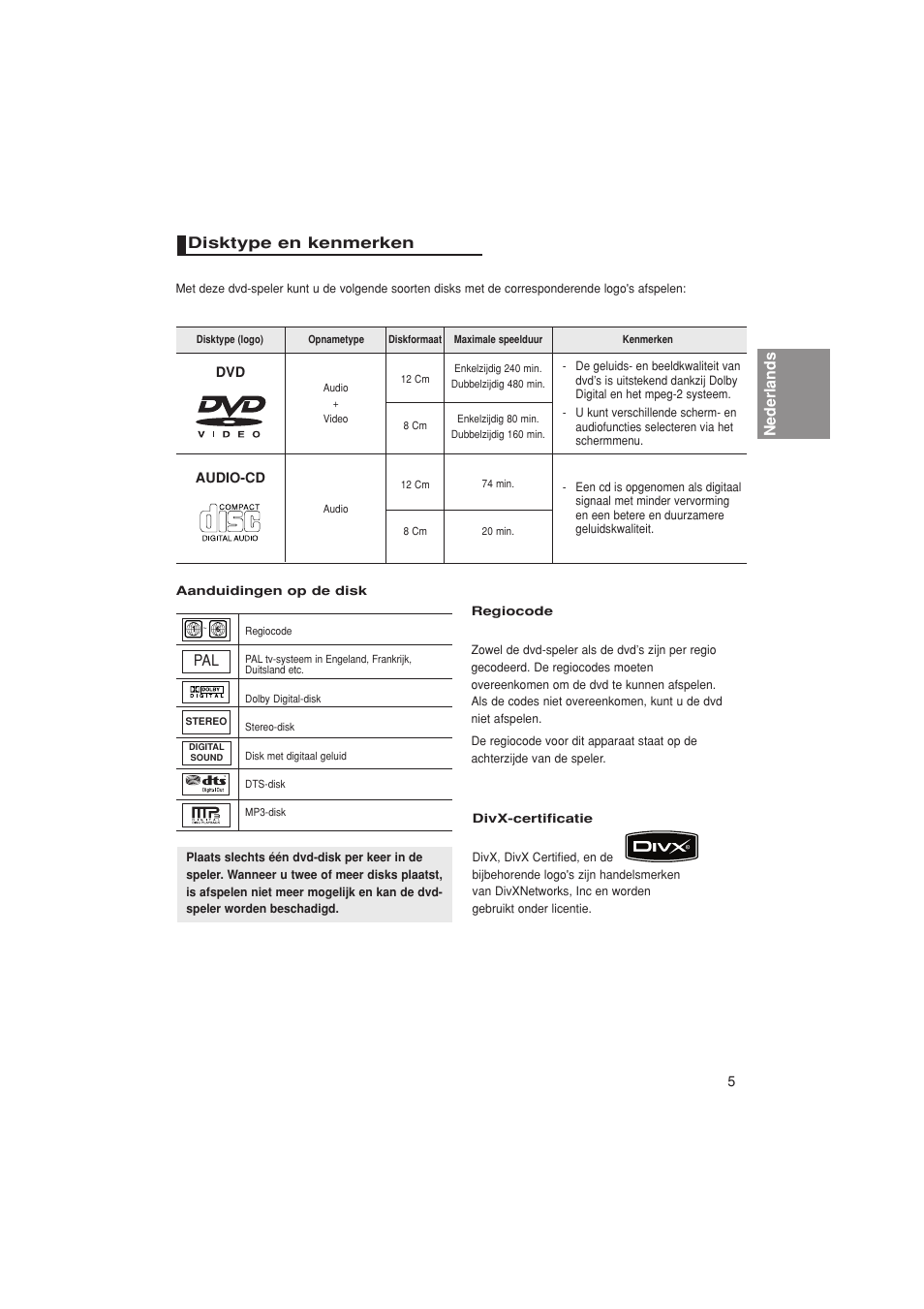 Nederlands, Disktype en kenmerken | Samsung DVD-1080PK User Manual | Page 81 / 156