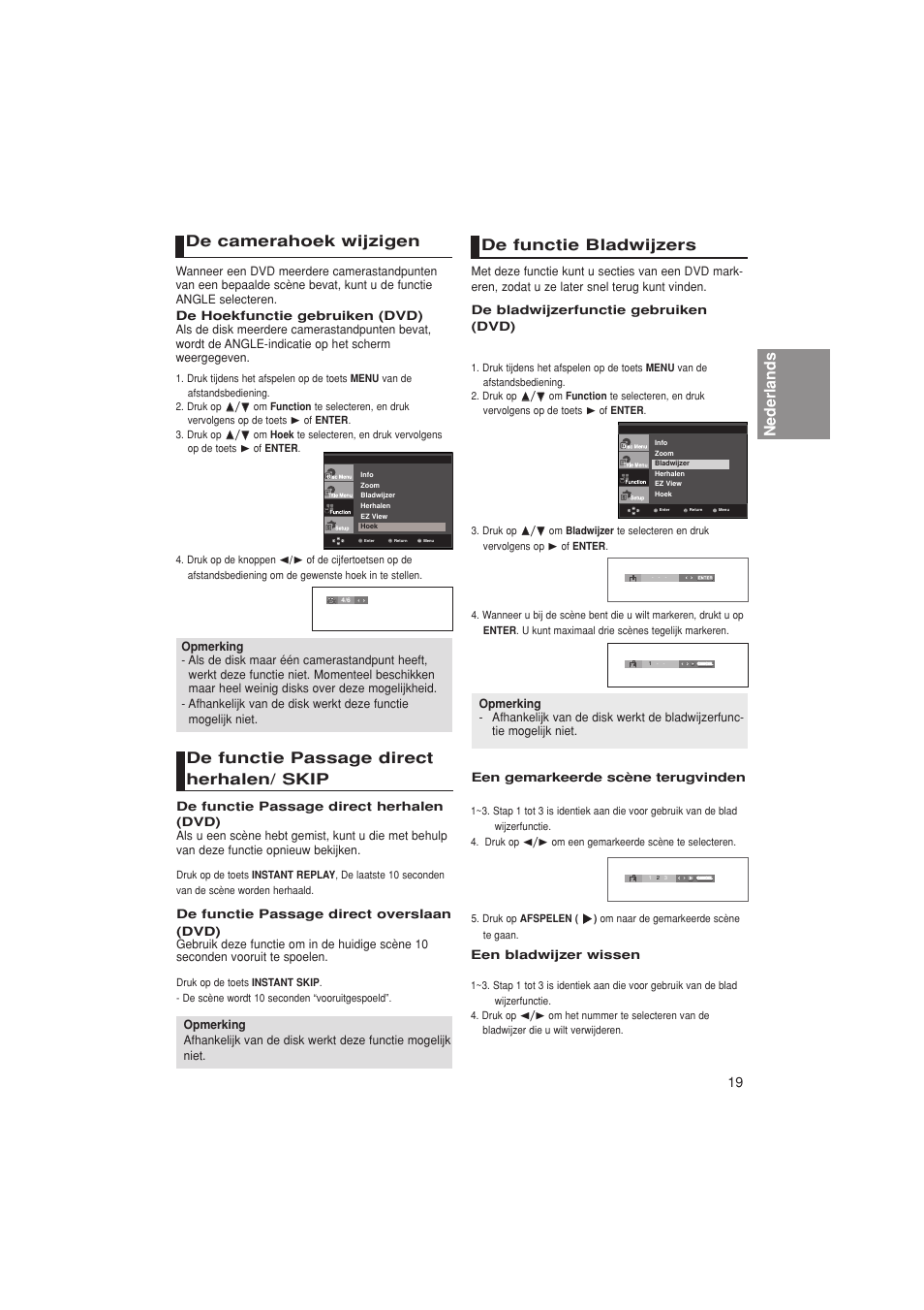 Nederlands de camerahoek wijzigen, De functie passage direct herhalen/ skip, De functie bladwijzers | Samsung DVD-1080PK User Manual | Page 95 / 156