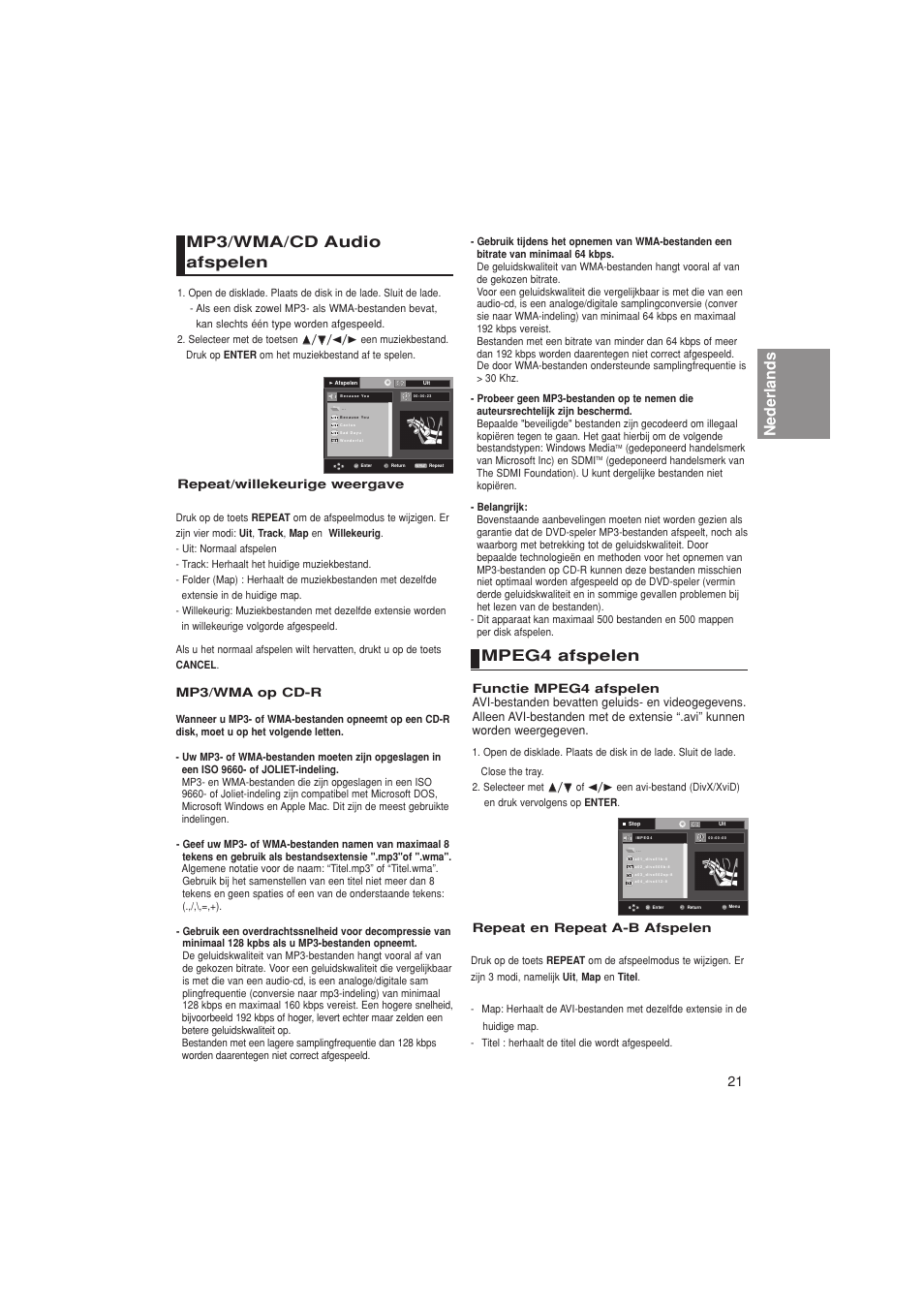 Nederlands mp3/wma/cd audio afspelen, Mpeg4 afspelen | Samsung DVD-1080PK User Manual | Page 97 / 156