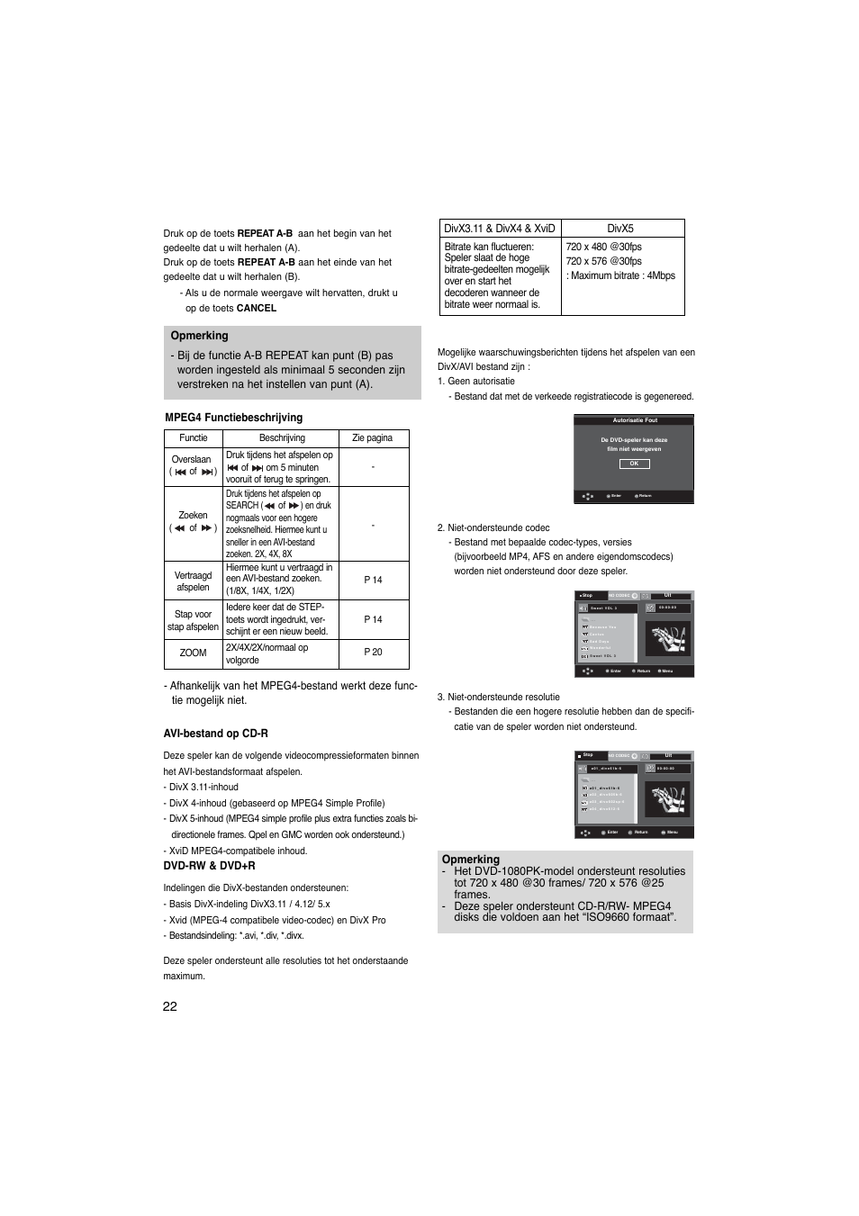 Avi-bestand op cd-r, Dvd-rw & dvd+r | Samsung DVD-1080PK User Manual | Page 98 / 156