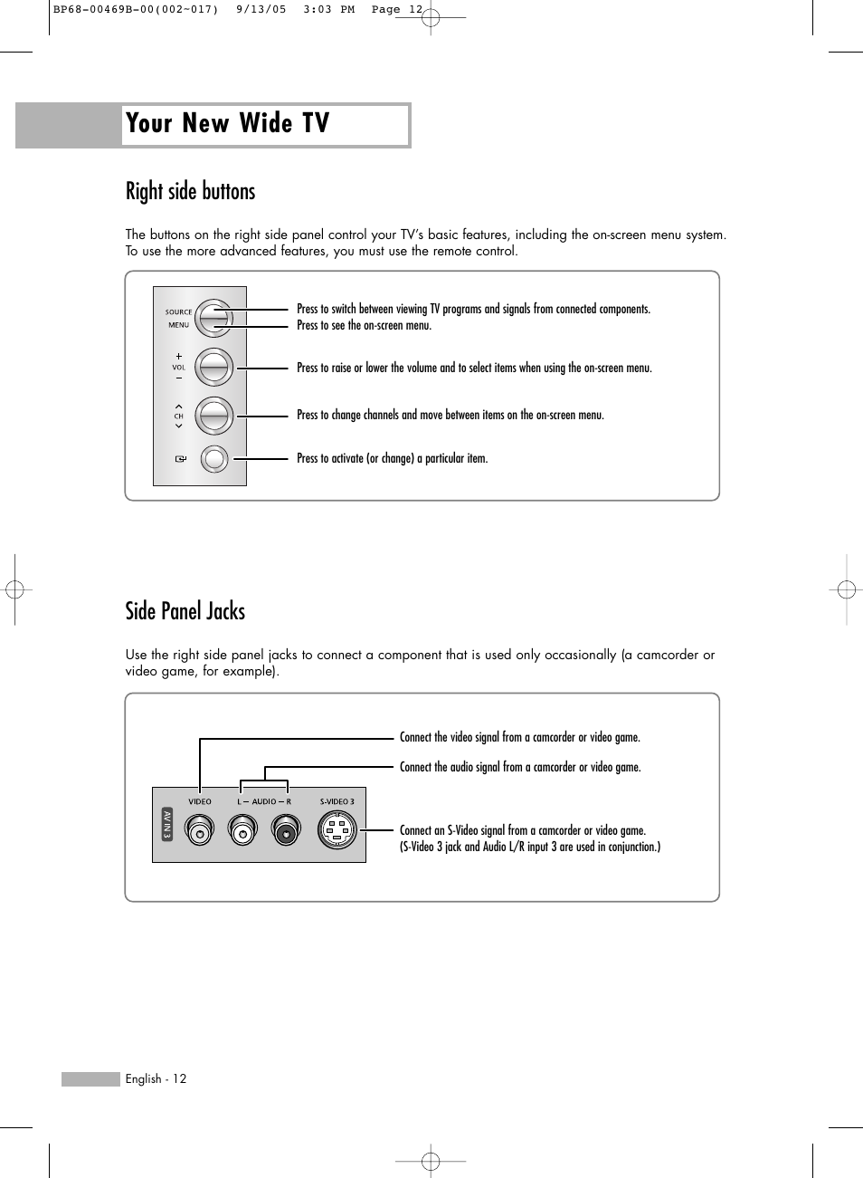 Right side buttons, Side panel jacks, Your new wide tv | Samsung HL-R5067W User Manual | Page 12 / 144