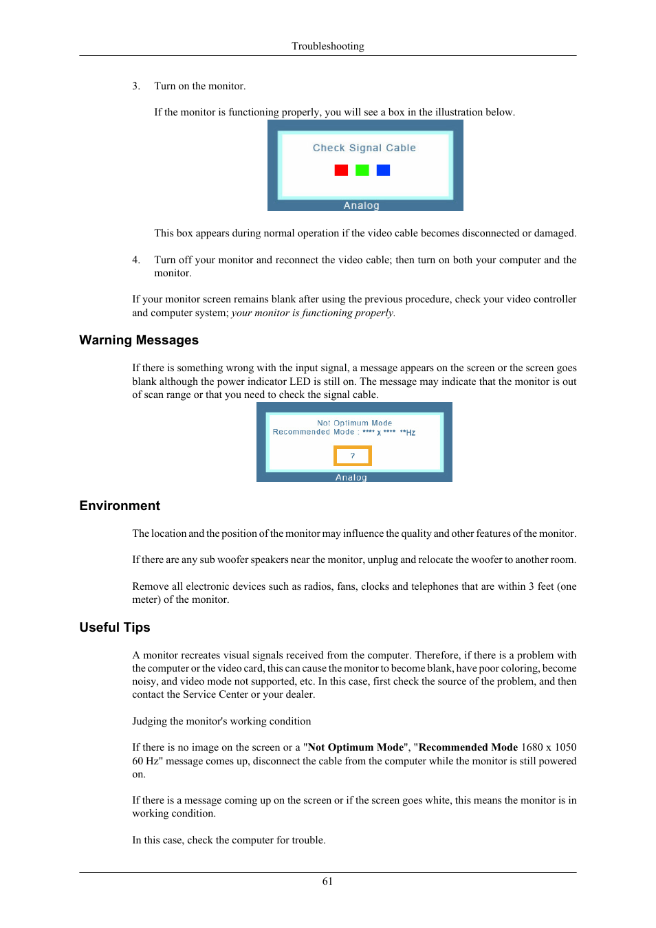 Warning messages, Environment, Useful tips | Samsung T220G User Manual | Page 15 / 20