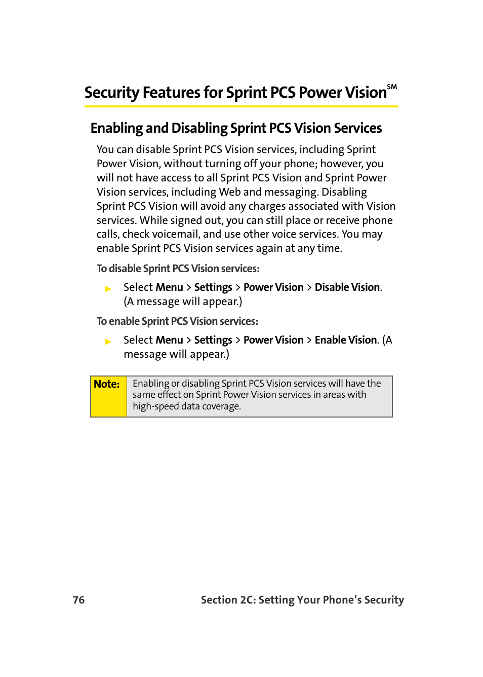 Security features for sprint pcs power visionsm, Enabling and disabling sprint pcs vision services, Security features for sprint pcs power vision | Samsung A900 User Manual | Page 100 / 272