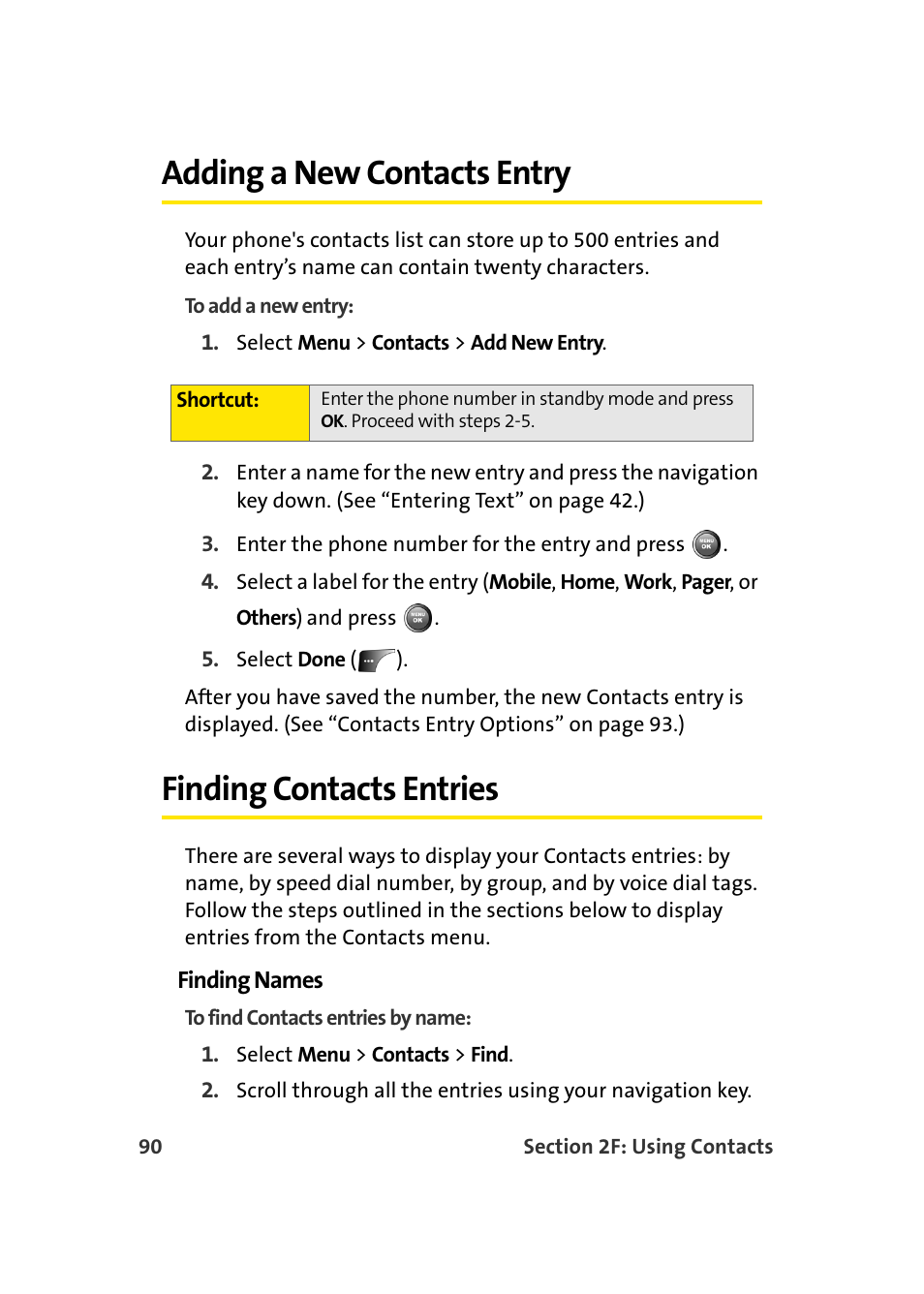 Adding a new contacts entry, Finding contacts entries | Samsung A900 User Manual | Page 114 / 272