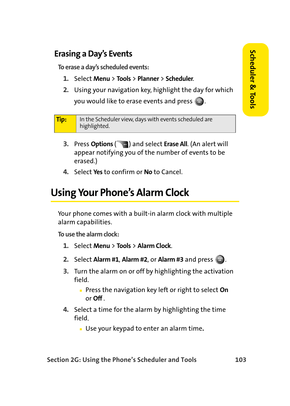 Erasing a day’s events, Using your phone’s alarm clock | Samsung A900 User Manual | Page 127 / 272
