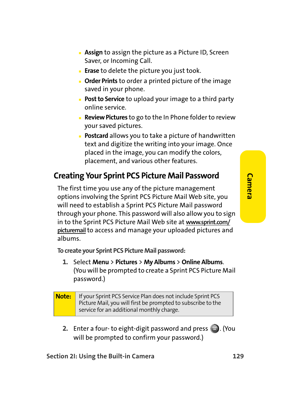 Creating your sprint pcs picture mail password, Ca m e ra | Samsung A900 User Manual | Page 153 / 272