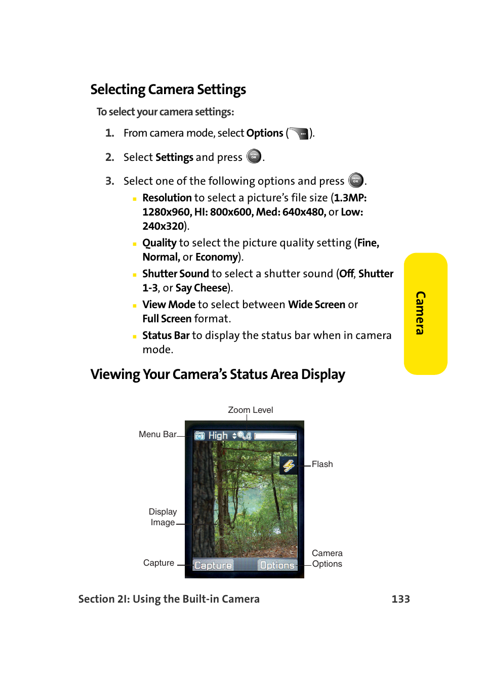 Selecting camera settings, Viewing your camera’s status area display, Ca m e ra | Samsung A900 User Manual | Page 157 / 272