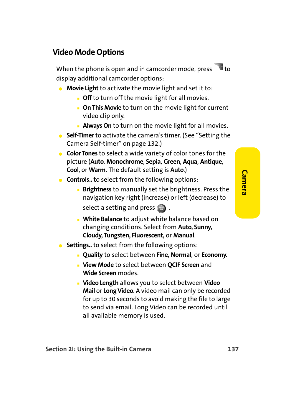 Video mode options, Ca m e ra | Samsung A900 User Manual | Page 161 / 272