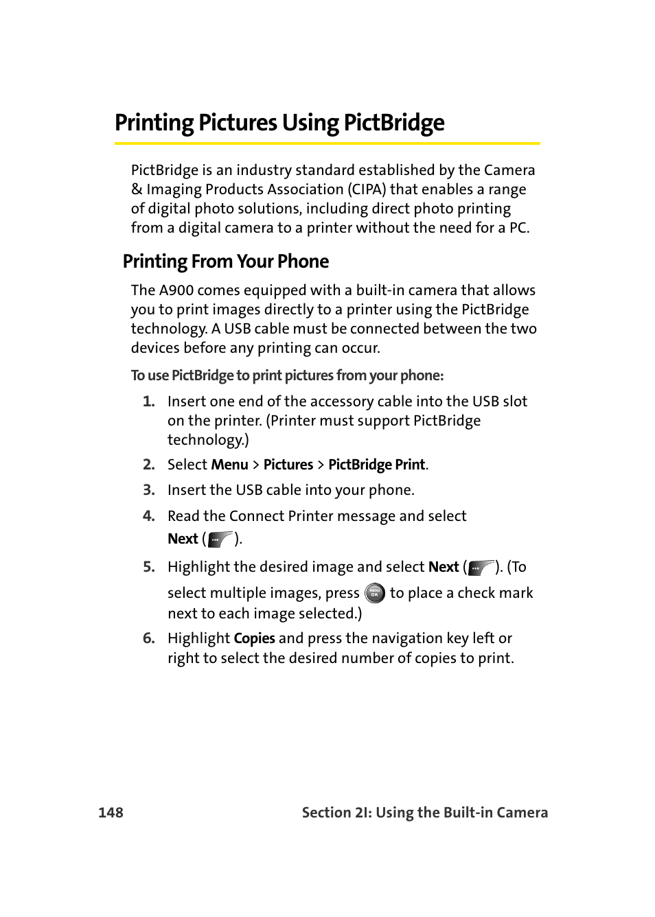 Printing pictures using pictbridge, Printing from your phone | Samsung A900 User Manual | Page 172 / 272