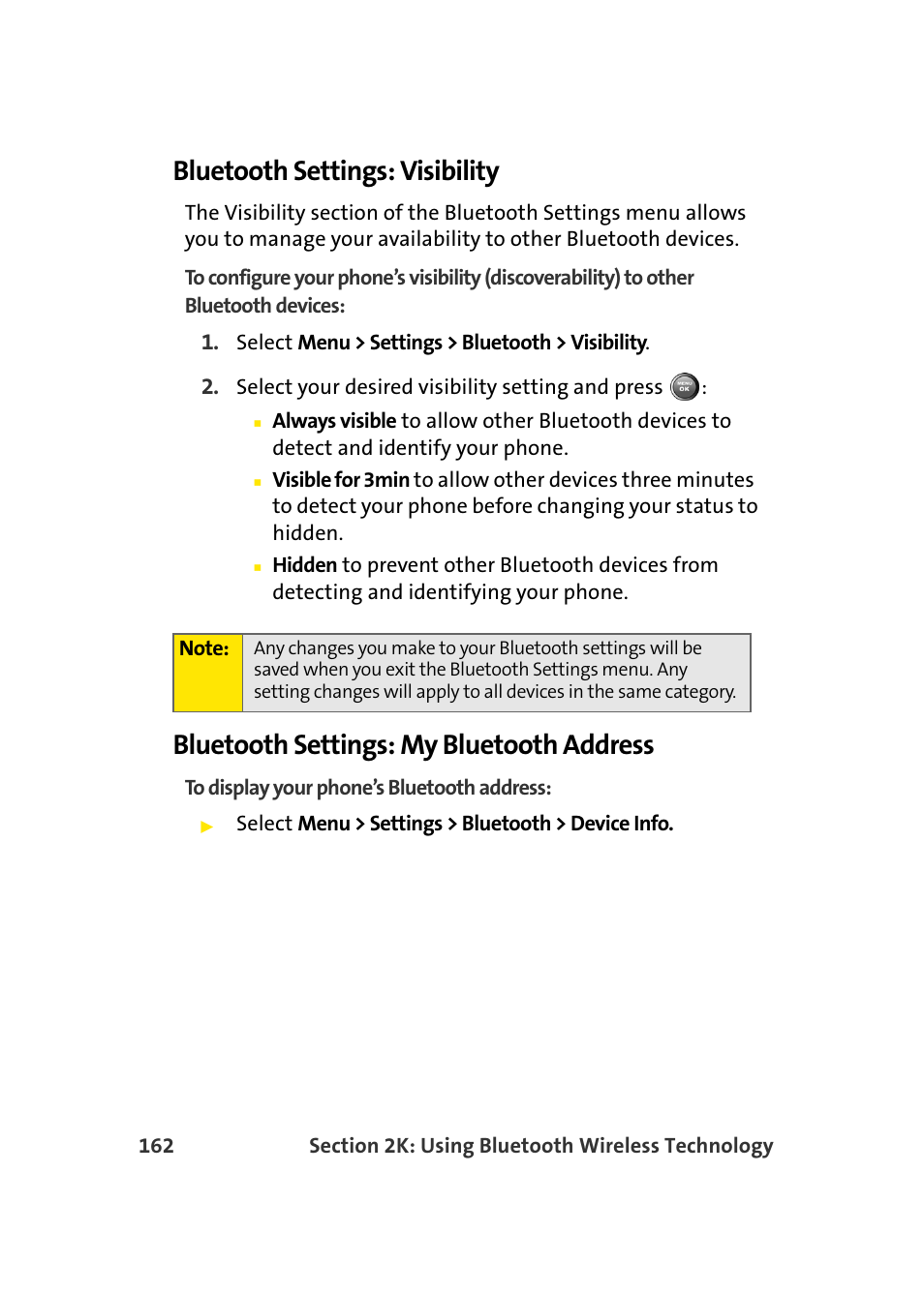 Bluetooth settings: visibility, Bluetooth settings: my bluetooth address | Samsung A900 User Manual | Page 186 / 272