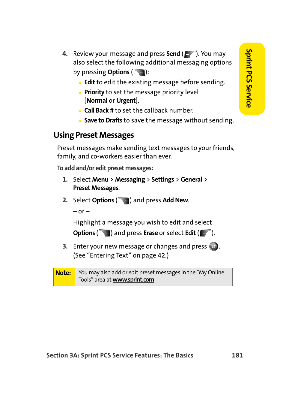 Using preset messages, Sprin t pcs se rv ice | Samsung A900 User Manual | Page 205 / 272