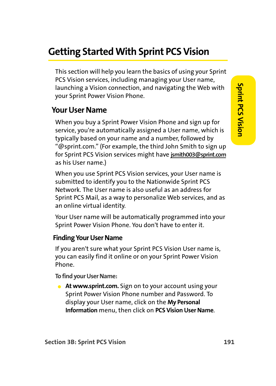 Getting started with sprint pcs vision, Your user name | Samsung A900 User Manual | Page 215 / 272