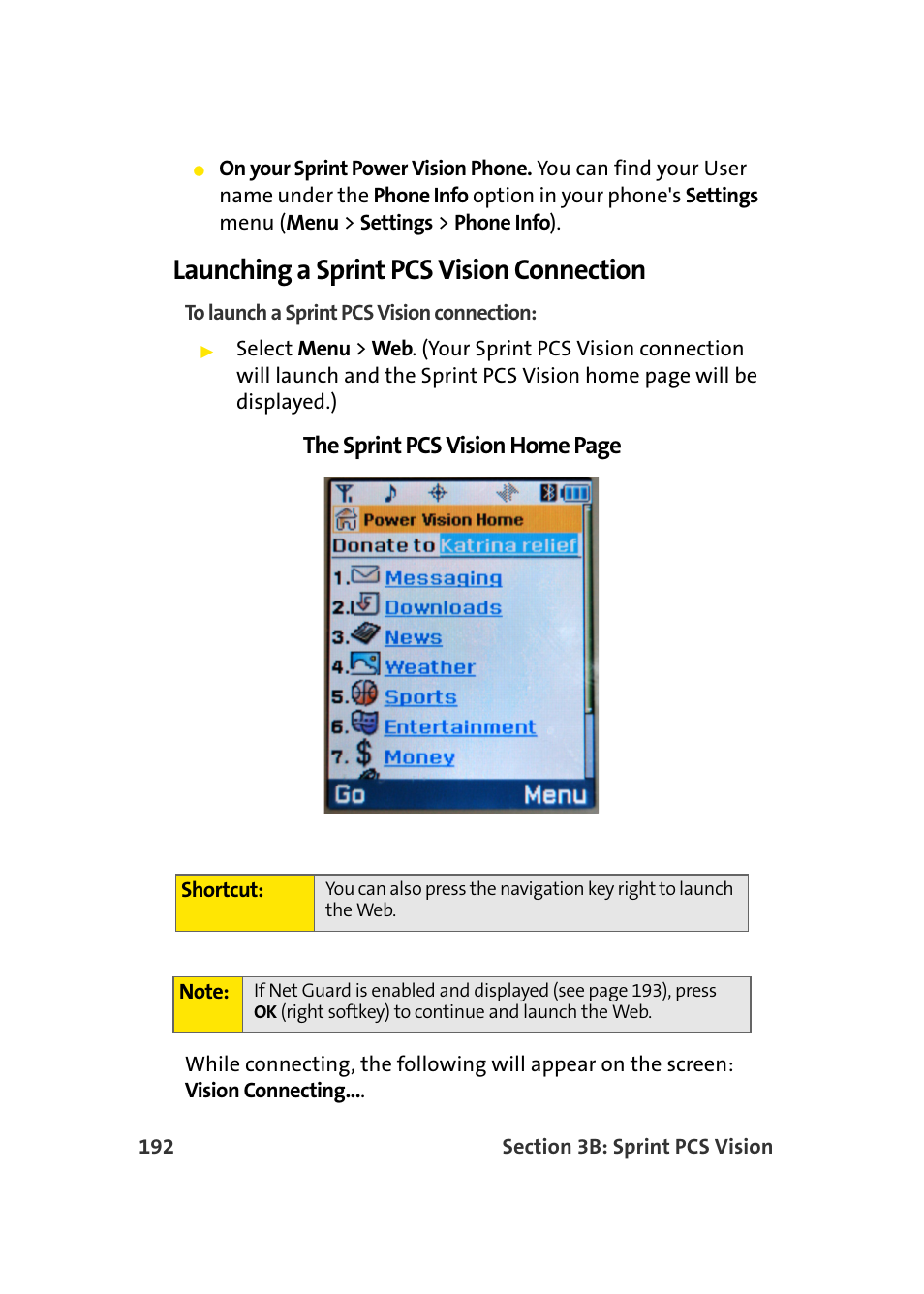 Launching a sprint pcs vision connection, The sprint pcs vision home page | Samsung A900 User Manual | Page 216 / 272