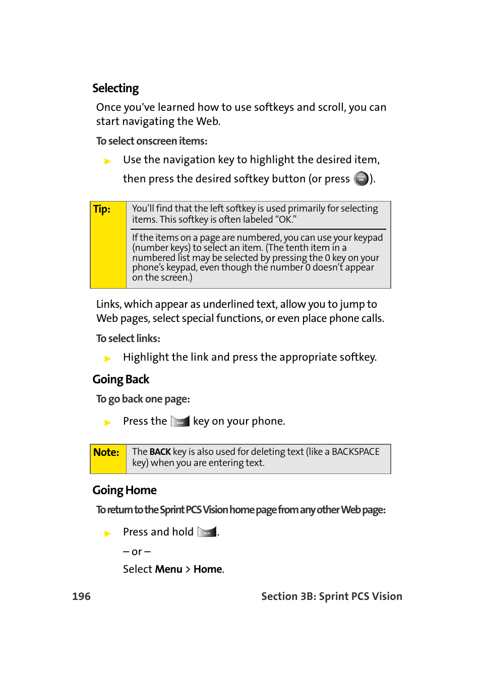 Selecting, Going back, Going home | Samsung A900 User Manual | Page 220 / 272