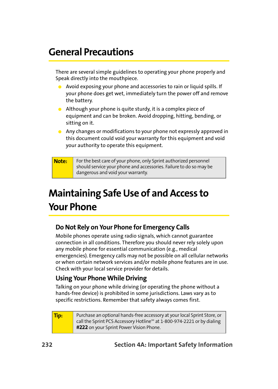 General precautions, Maintaining safe use of and access to your phone, Do not rely on your phone for emergency calls | Using your phone while driving | Samsung A900 User Manual | Page 256 / 272