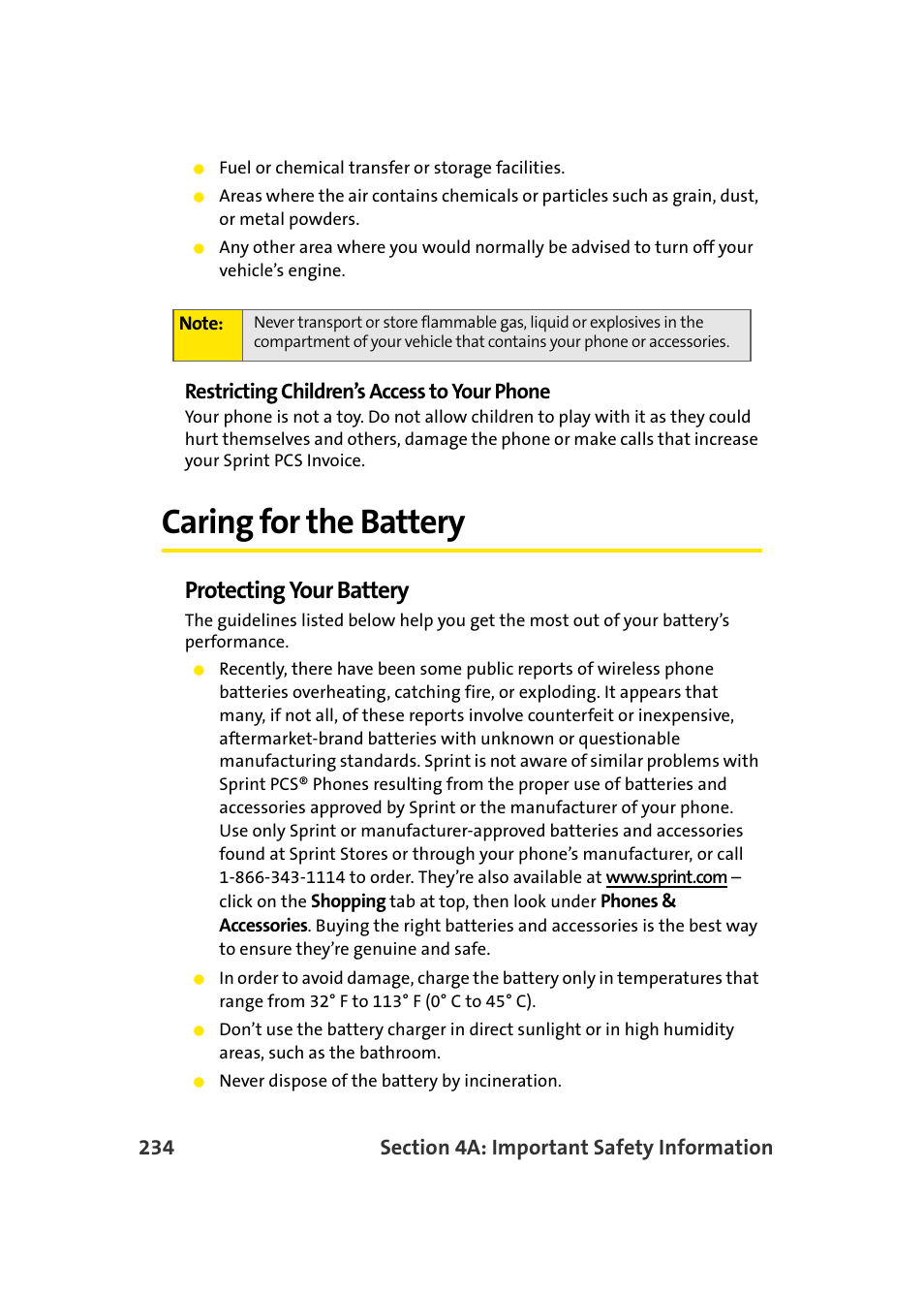 Caring for the battery, Protecting your battery, Restricting children’s access to your phone | Samsung A900 User Manual | Page 258 / 272