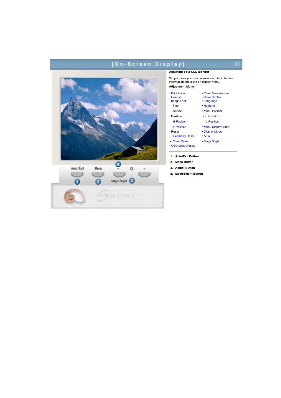 Adjusting your lcd monitor, On-screen display | Samsung 173VT User Manual | Page 20 / 41