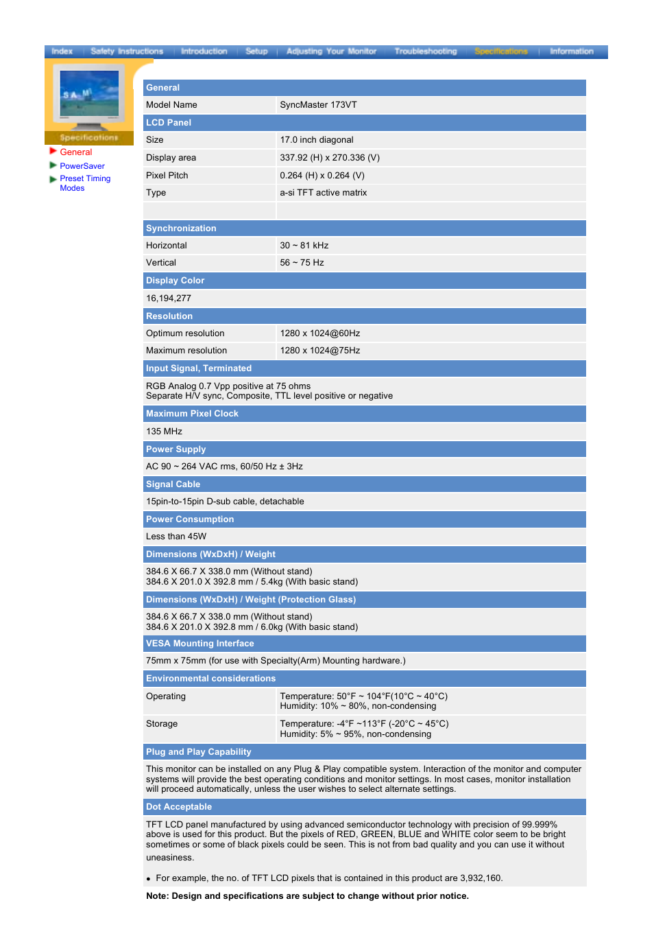 Specifications, General | Samsung 173VT User Manual | Page 26 / 41