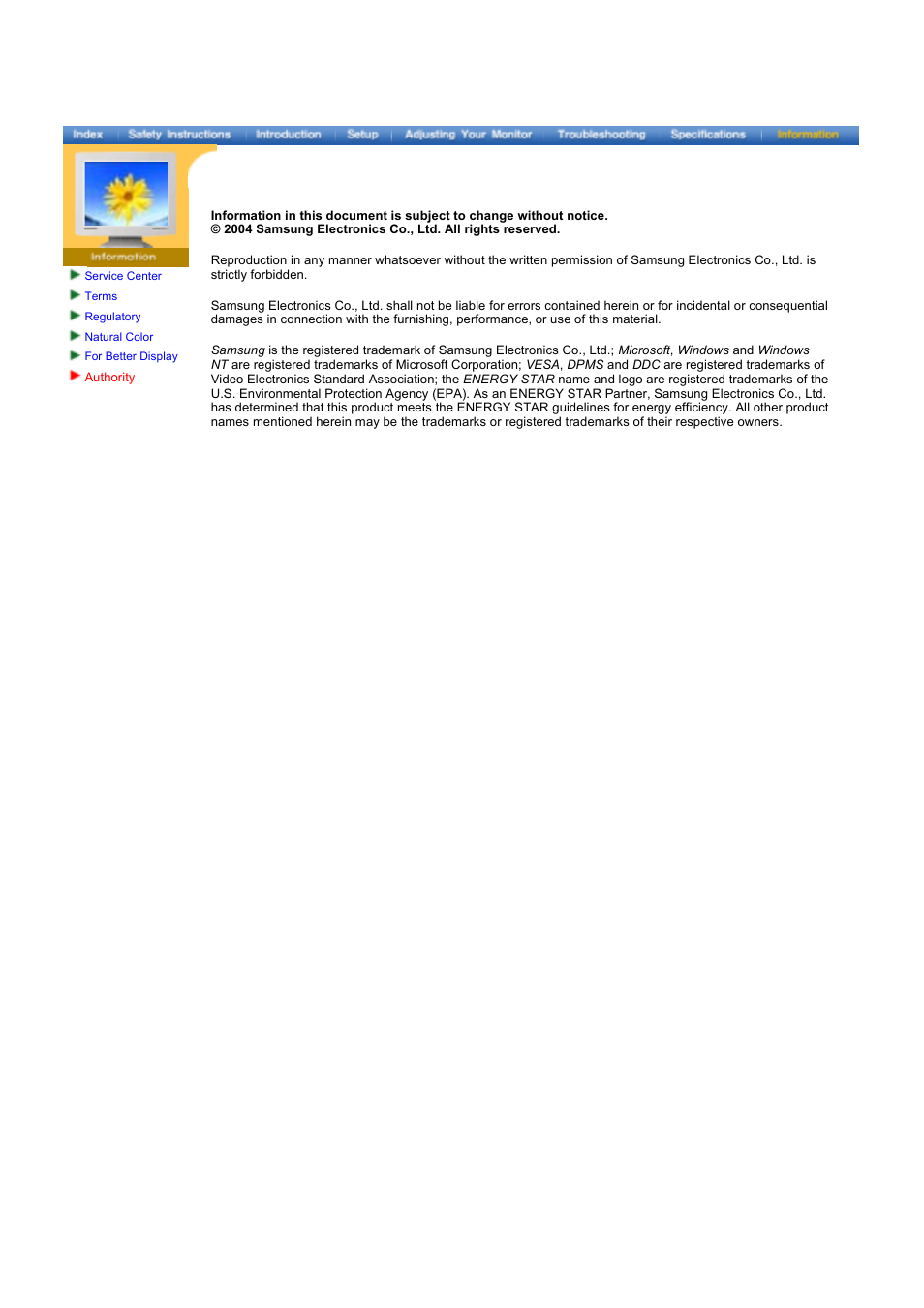 Authority | Samsung 173VT User Manual | Page 41 / 41