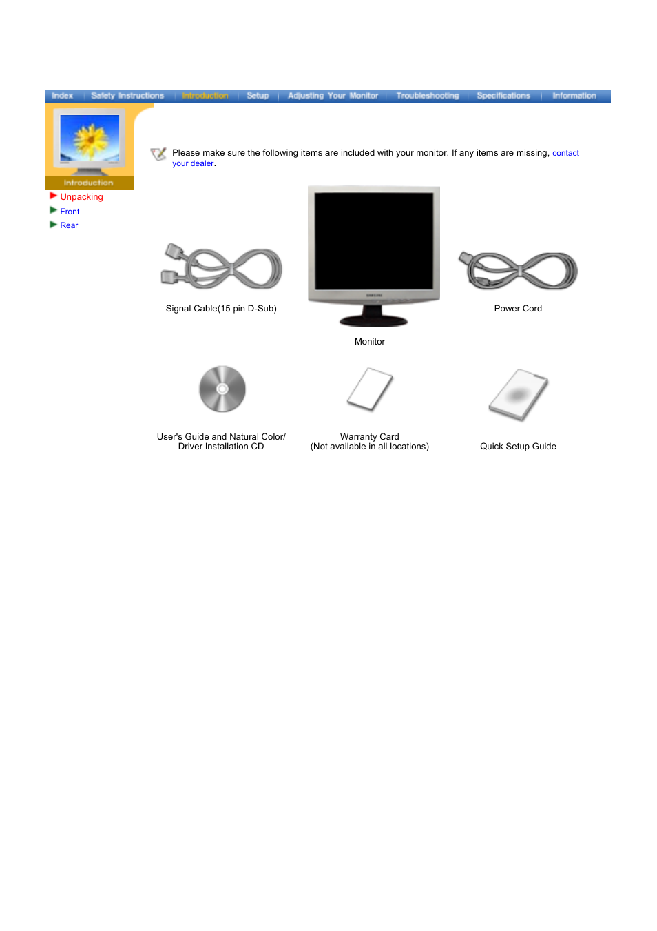 Introduction, Unpacking | Samsung 173VT User Manual | Page 9 / 41