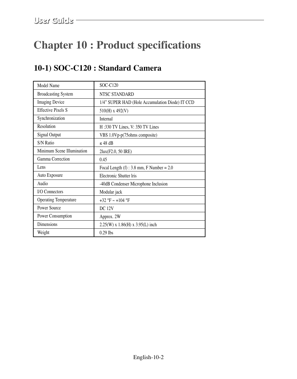1) soc-c120 : standard camera, Chapter 10 : product specifications | Samsung SMO-210DN User Manual | Page 126 / 138