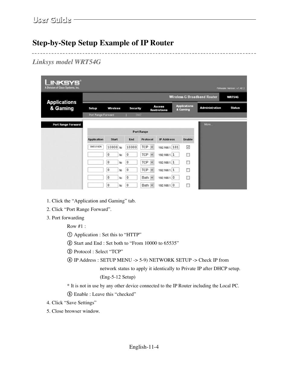 Step-by-step setup example of ip router, Linksys model wrt54g | Samsung SMO-210DN User Manual | Page 134 / 138