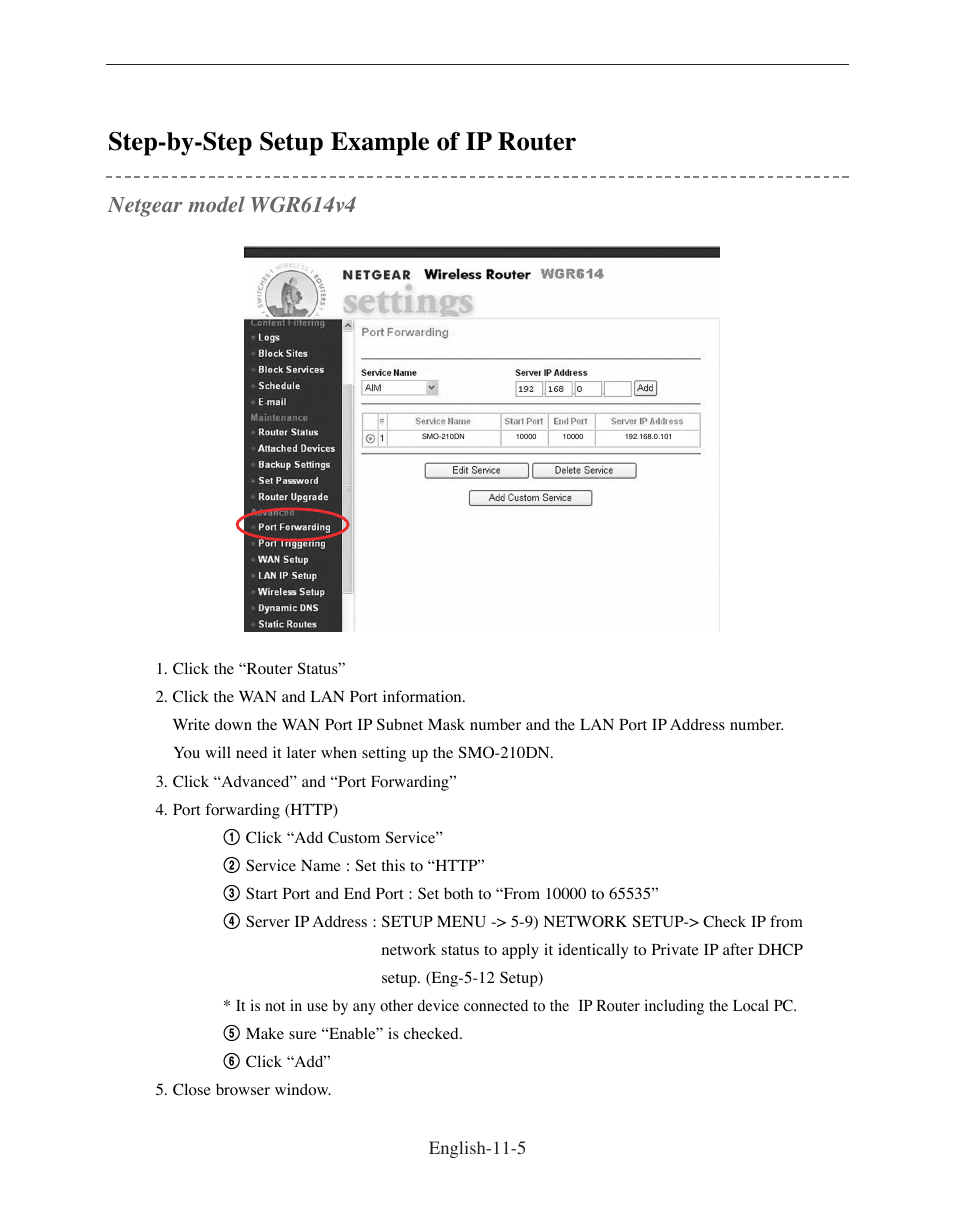 Step-by-step setup example of ip router, Netgear model wgr614v4 | Samsung SMO-210DN User Manual | Page 135 / 138