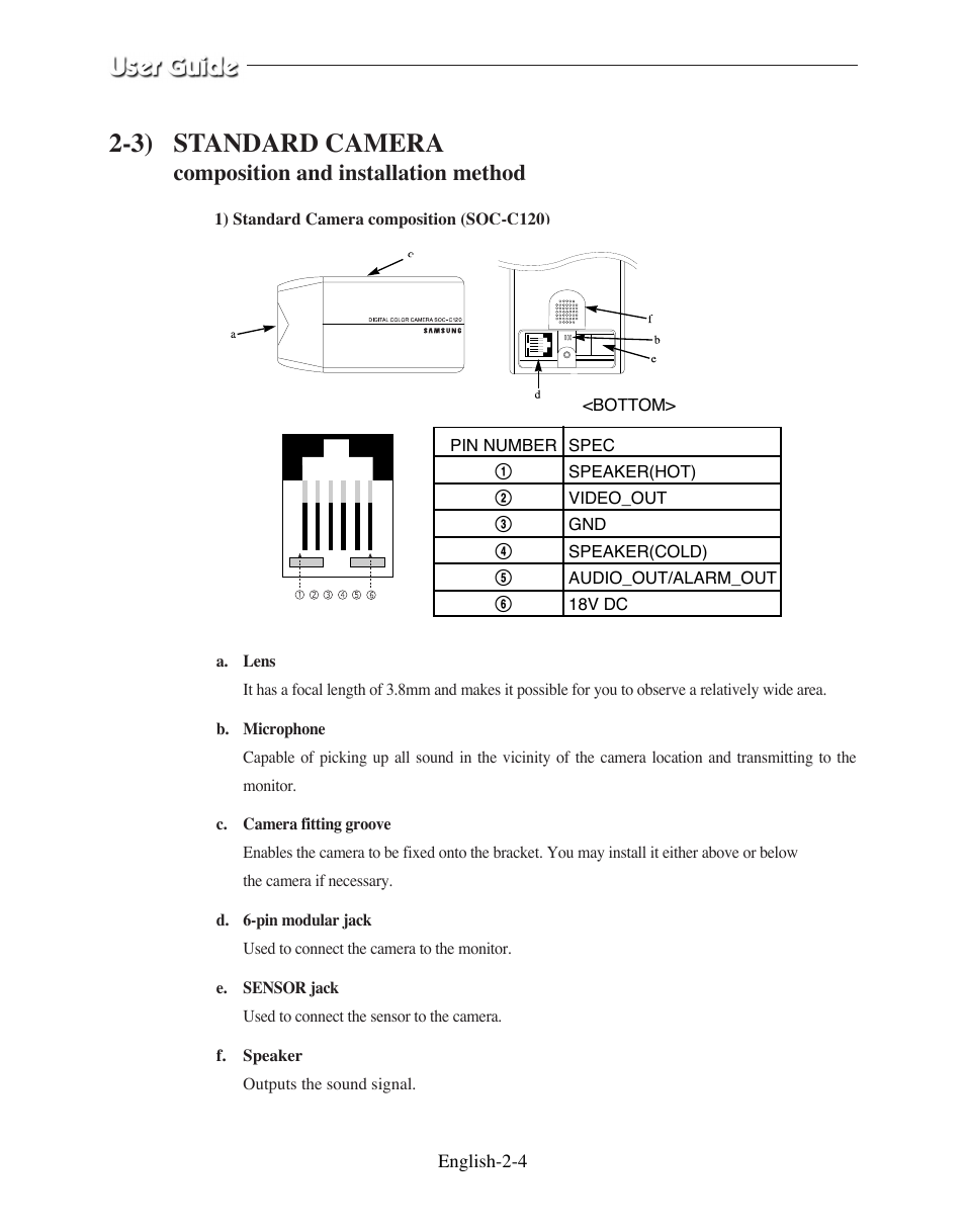 3) standard camera, Composition and installation method | Samsung SMO-210DN User Manual | Page 18 / 138
