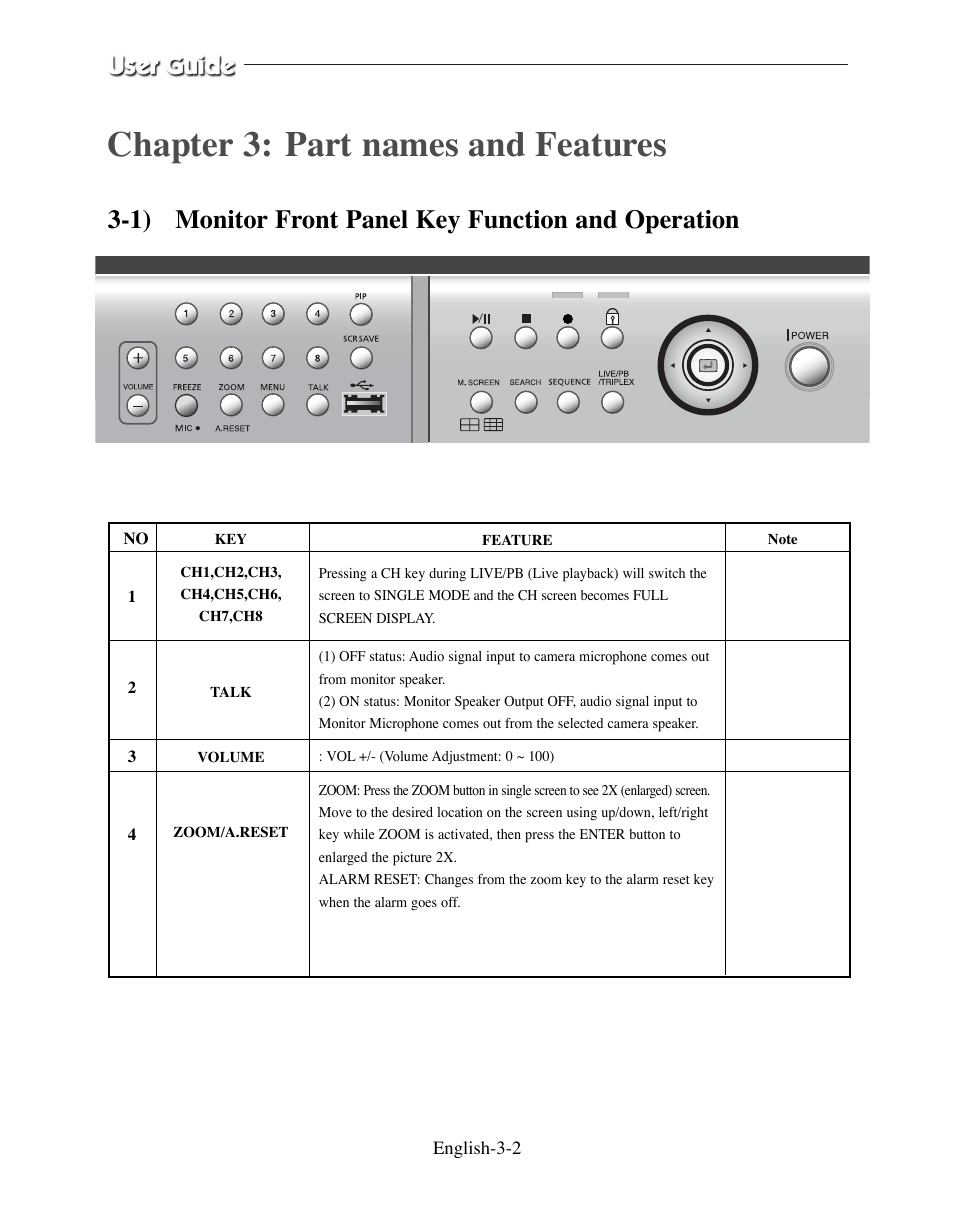 1) monitor front panel key function and operation, Chapter 3: part names and features | Samsung SMO-210DN User Manual | Page 40 / 138
