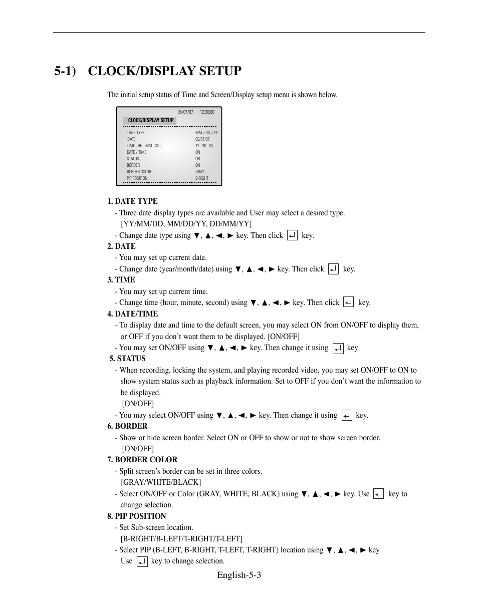 1) clock/display setup, English-5-3 | Samsung SMO-210DN User Manual | Page 51 / 138