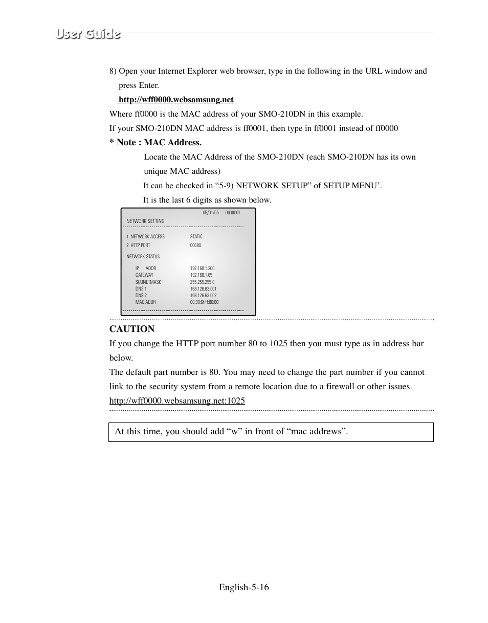 Caution, Mac address | Samsung SMO-210DN User Manual | Page 64 / 138