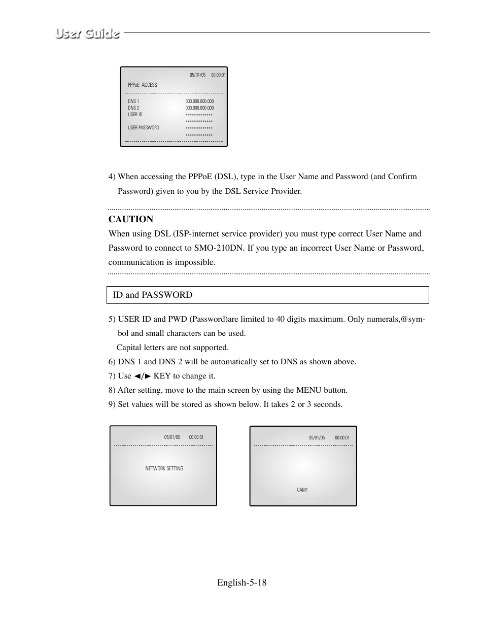 English-5-18, Caution, Id and password | Samsung SMO-210DN User Manual | Page 66 / 138