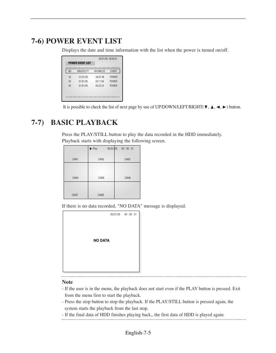 6) power event list, 7) basic playback, English-7-5 | Samsung SMO-210DN User Manual | Page 79 / 138