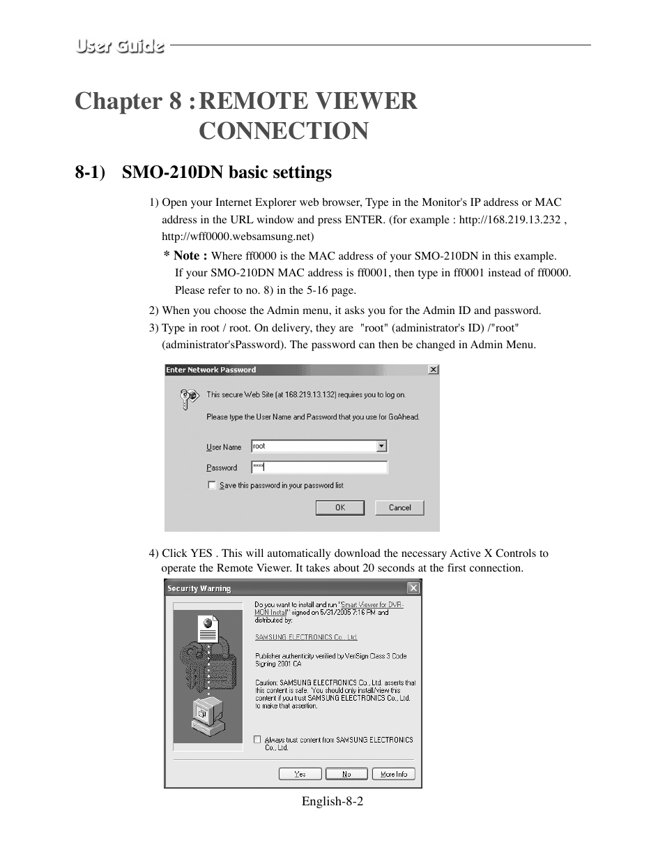1) smo-210dn basic settings, Chapter 8 :remote viewer connection | Samsung SMO-210DN User Manual | Page 84 / 138
