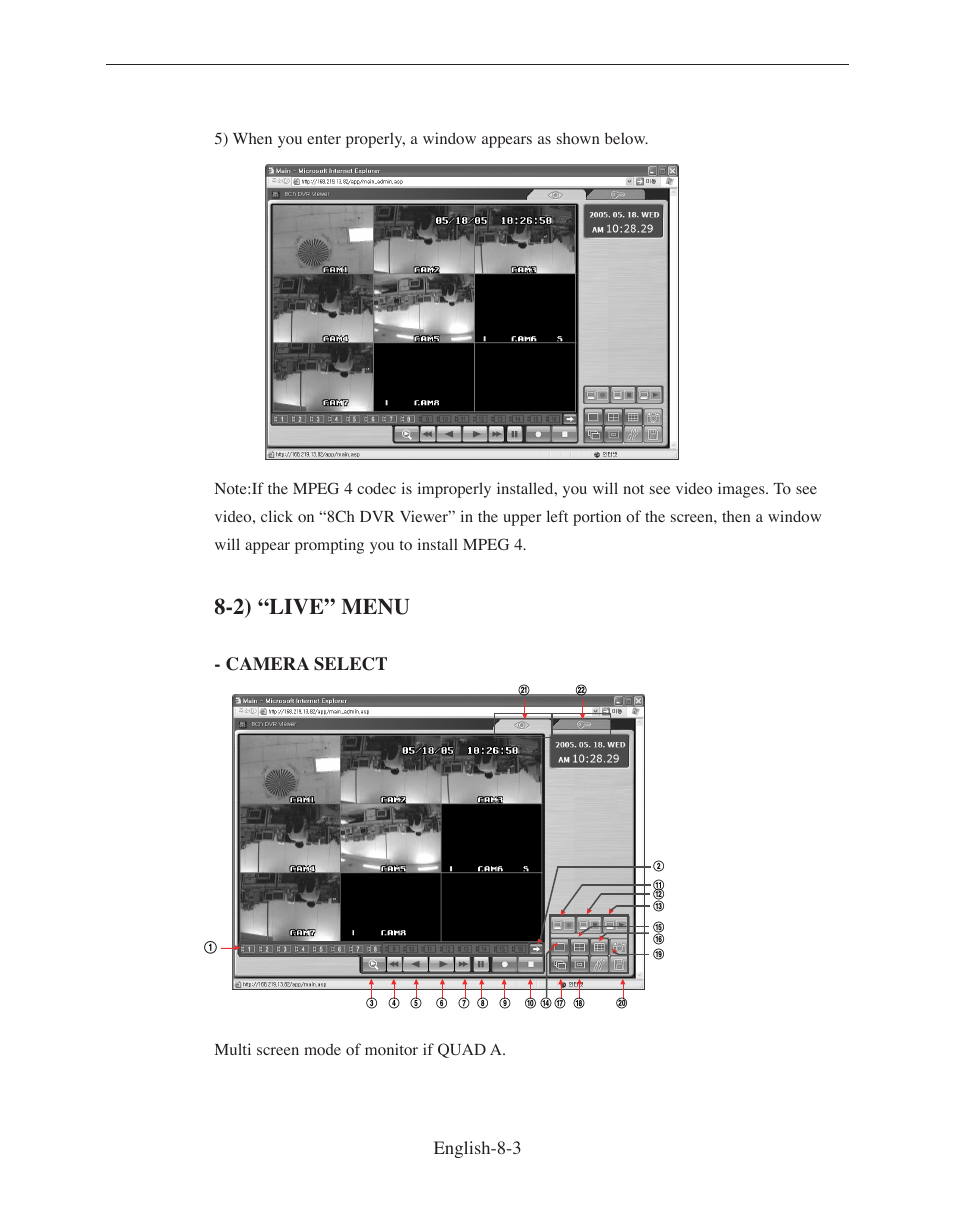 2) “live” menu, Camera select, English-8-3 | Samsung SMO-210DN User Manual | Page 85 / 138