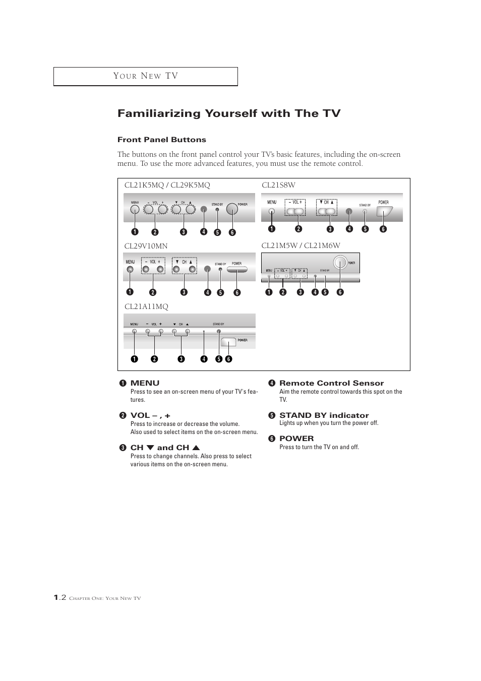 Familiarizing yourself with the tv | Samsung CL21M6W User Manual | Page 8 / 54