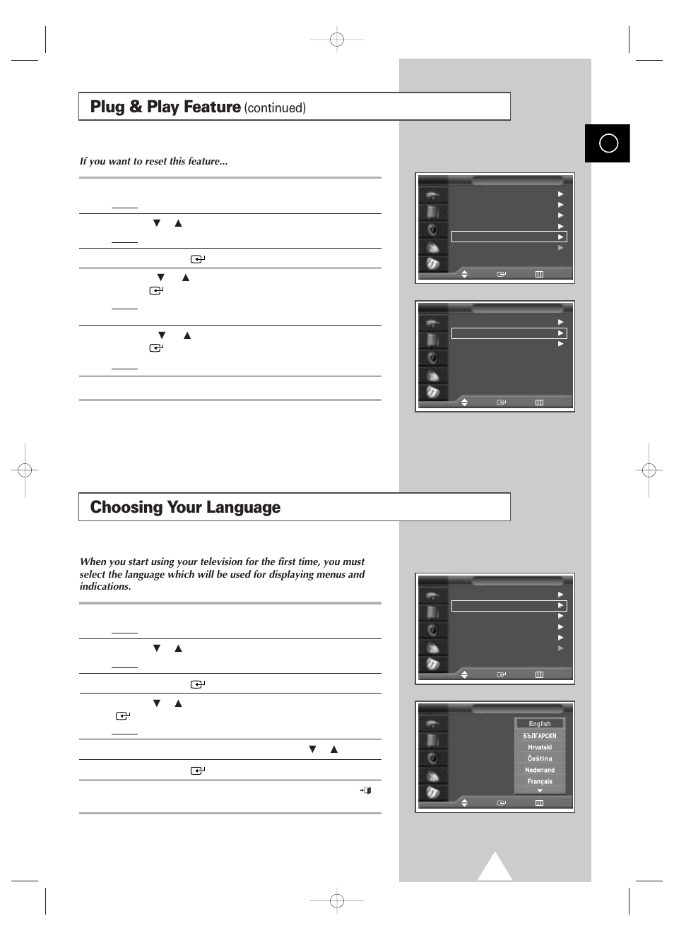 Choosing your language, Plug & play feature, Continued) | Samsung 4240 User Manual | Page 17 / 68