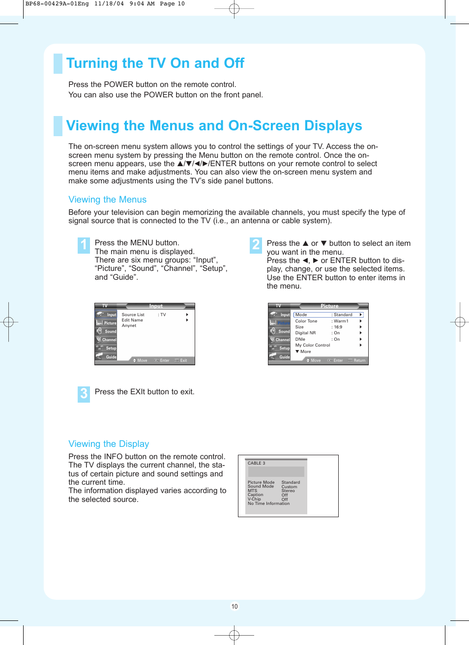 Turning the tv on and off, Viewing the menus and on-screen displays, Viewing the menus | Viewing the display | Samsung HL-P5067W User Manual | Page 10 / 16