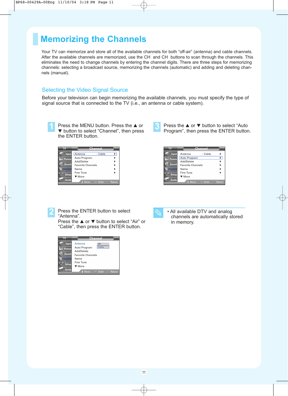 Selecting the video signal source, Press the menu button. press the, Press the | Samsung HL-P5067W User Manual | Page 11 / 16